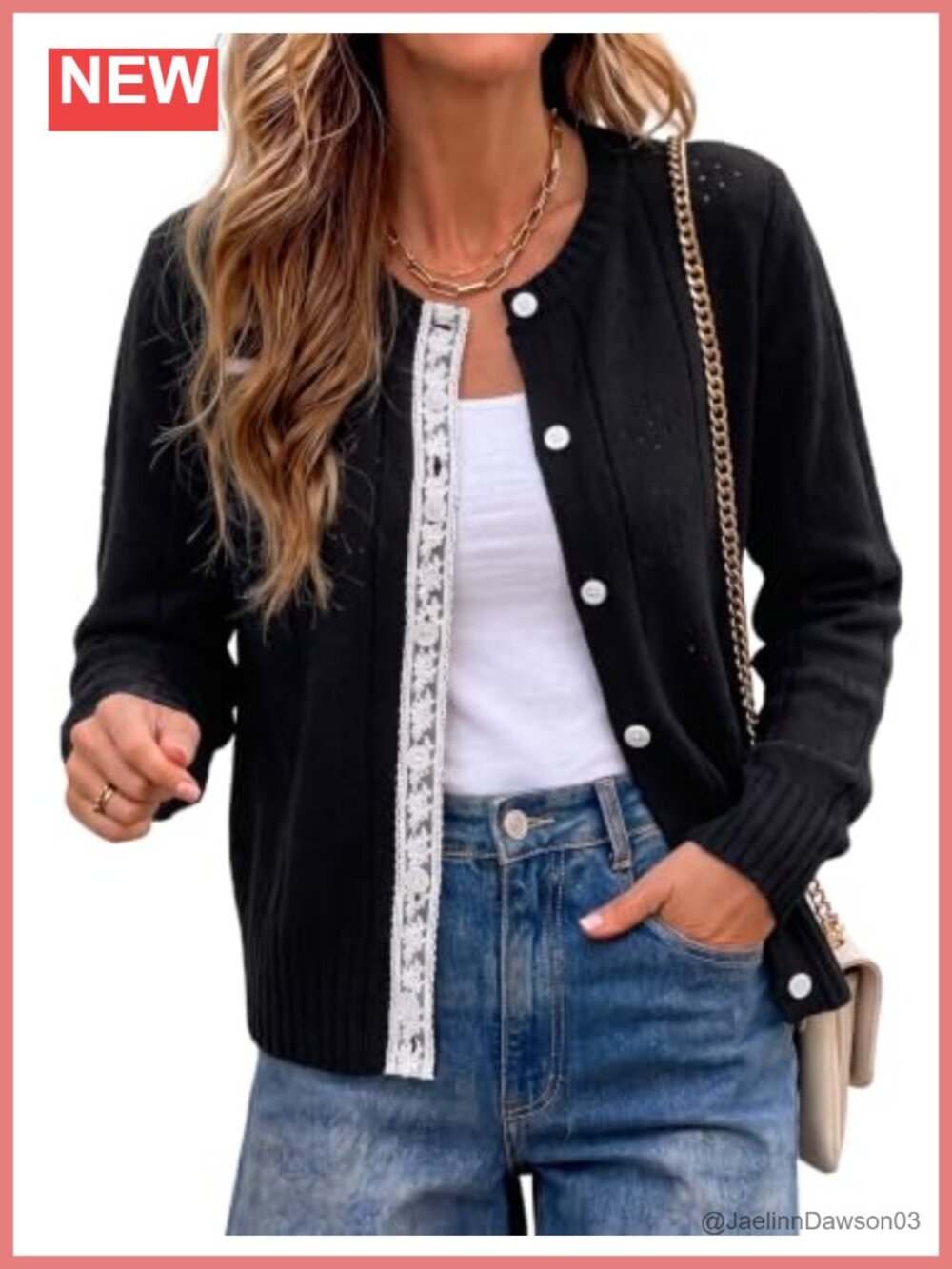 Lace Trim Button Down Cardigan Cotton Blend Knit Long Sleeve Crew Neck Relaxed